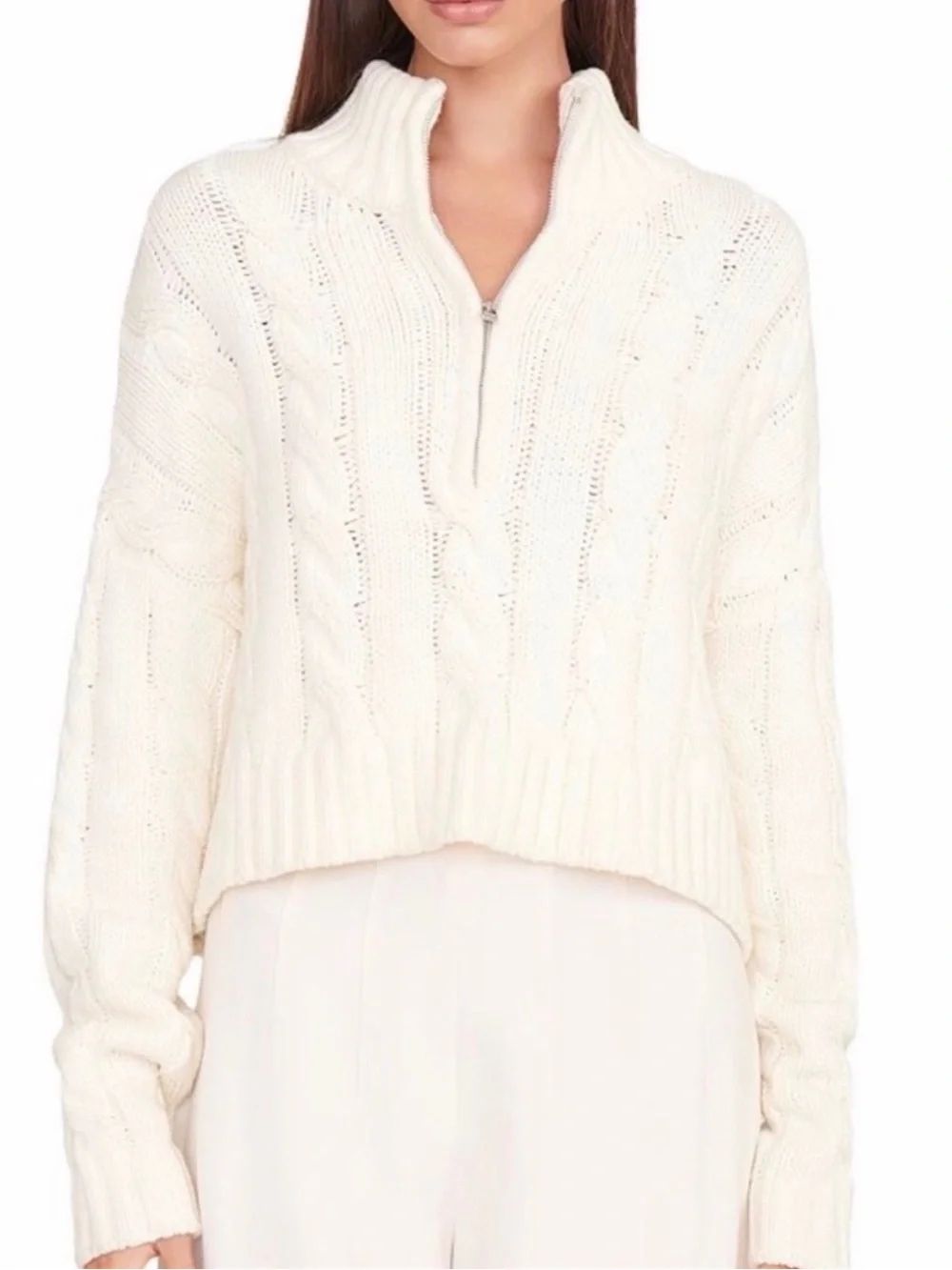 STAUD Women’s Ivory Cable-Knit 1/4 Zip Mock Neck Pullover Sweater M